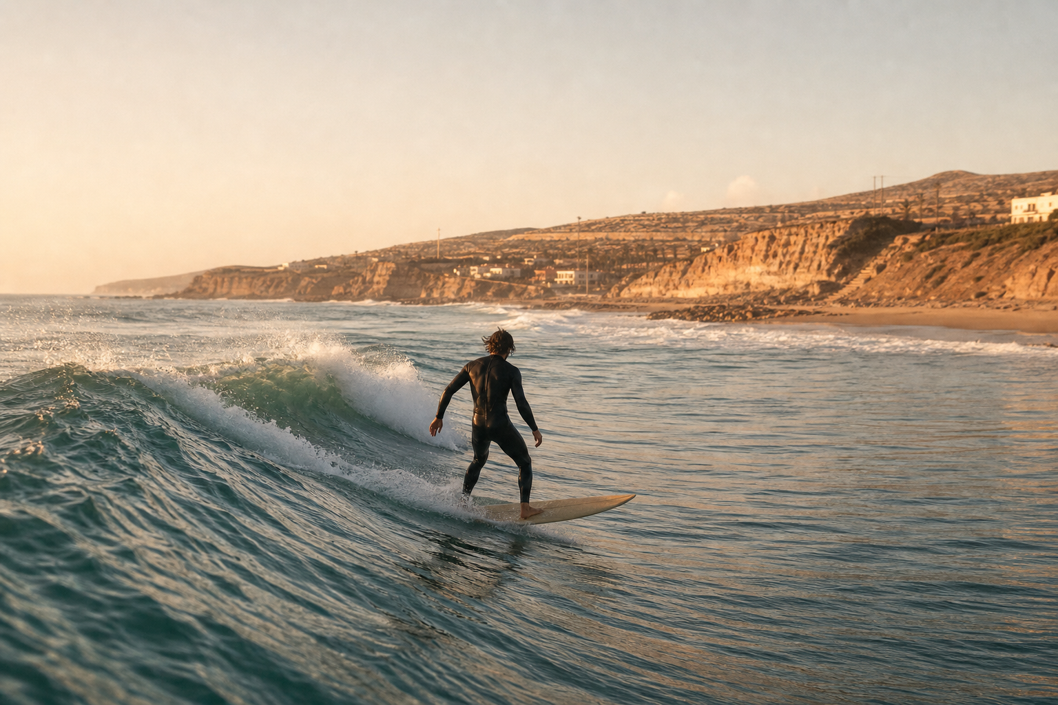 Surfer riding a wave from behind on the Tamraght coast